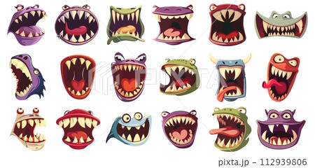 AI-generated content. Monster faces and mouths set. Smiling freak cartoon emoticons, funny crazy terrible jaws isolated on white AI-generated content. Monster faces and mouths set. Smiling freak cartoon emoticons, funny crazy terrible jaws isolated on white 112939806