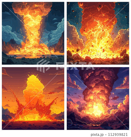 AI-generated content. Dynamite bomb comic explosion set, land fire explosion cartoon illustration, fiery big bang blast detonation backgrounds AI-generated content. Dynamite bomb comic explosion set, land fire explosion cartoon illustration, fiery big bang blast detonation backgrounds 112939821
