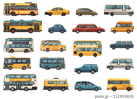 AI-generated content. Cartoon town transportation. City vehicles isolated, transport sets, urban buses and cars side view 112939838