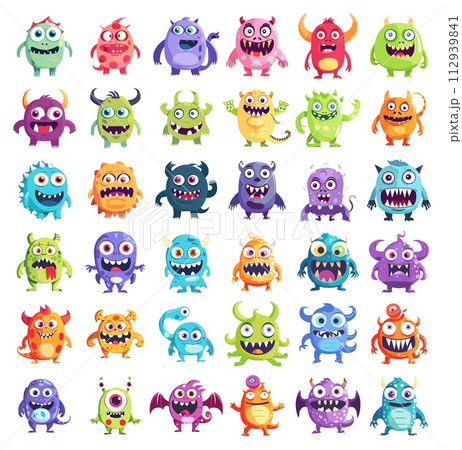 AI-generated content. Cartoon goblins. Goofy funny monsters characters on white, party gremlin mascots collection isolated vector illustration 112939841