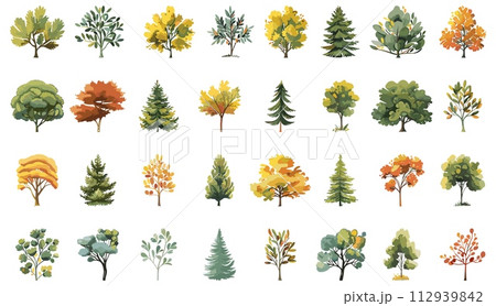AI-generated content. Cartoon forest plants collection. Bushes and trees symbols isolated on white, oak spruce pine aspen linden willow willow rowan 112939842