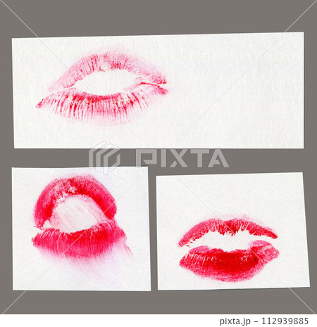 Red lipstick kiss print isolated set. Different shapes of female sexy pink and red lips. Sexy lips makeup, kiss mouth. Female mouth. 112939885