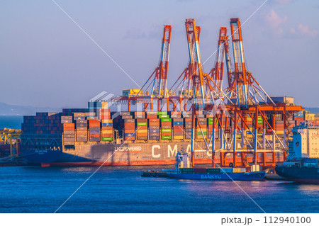 日本の横浜都市景観 本牧ふ頭のコンテナ船CMA CGM PRIDE。右はENGAGE＝3月3日 112940100