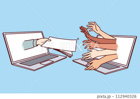 People search job via internet stick hands out of laptop to take questionnaire from HR specialist 112940326