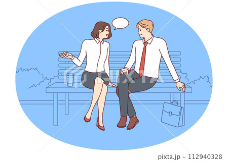 Carefree man and woman sitting on park bench and talking telling stories from work. Vector image Carefree man and woman sitting on park bench and talking telling stories from work. Vector image 112940328