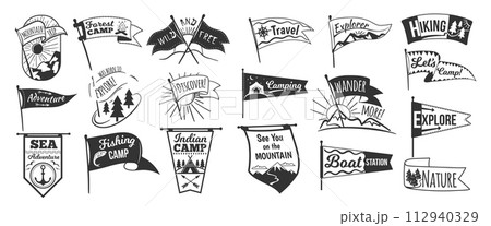 Camp pennants logo. Camping pennant retro emblem, varsity sport flag black sign explore travel club sketch lettering university sticker university symbol, neat vector illustration Camp pennants logo. Camping pennant retro emblem, varsity sport flag black sign explore travel club sketch lettering university sticker university symbol, neat vector illustration 112940329