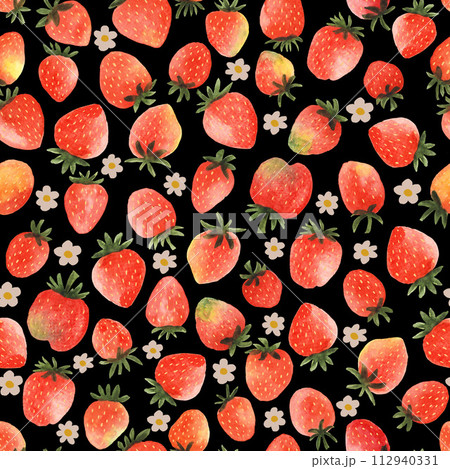 Seamless pattern with hand drawn watercolour strawberries on black background. Fresh delicious fruits wallpaper for textile, wrapping paper 112940331