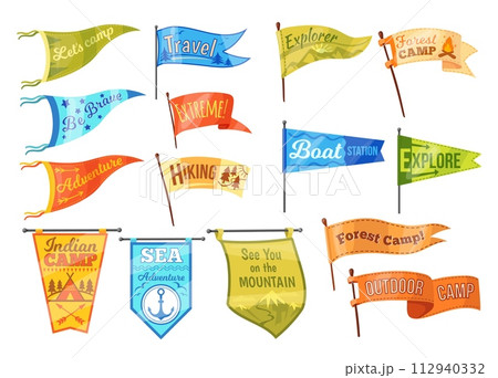 Camp pennants. Varsity outdoor banner or camping pennant, university sport flag hipster adventure scout club vintage emblem travel motto wanderlust badge, neat vector illustration Camp pennants. Varsity outdoor banner or camping pennant, university sport flag hipster adventure scout club vintage emblem travel motto wanderlust badge, neat vector illustration 112940332