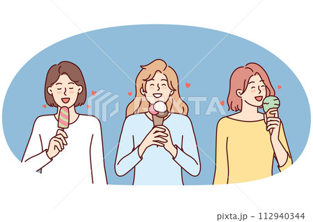 Girls eat ice cream to cool down during summer walk or satisfy their hunger with street food Girls eat ice cream to cool down during summer walk or satisfy their hunger with street food 112940344