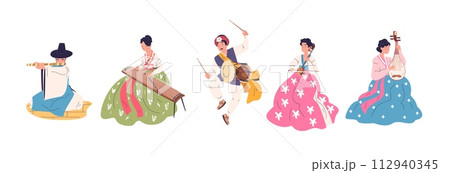 Korean musicians. Musician of Korea, asian people in traditional hanbok clothes man with music instruments gayageum drum tradition performance concert, classy vector illustration 112940345