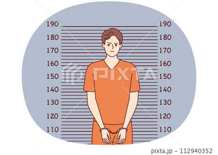 Man in handcuffs and orange prison clothes stands near lines for measuring height. Vector image 112940352