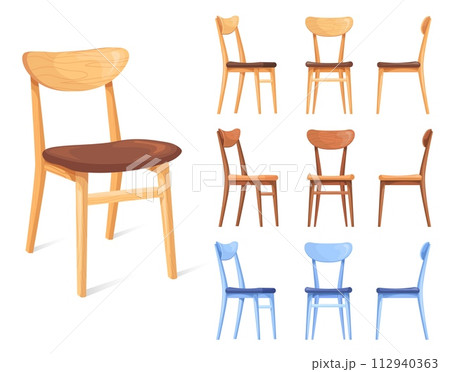 Kitchen wooden chairs. Cartoon wood chair, dining furniture antique carved seats outdoor restaurant dinner, traditional old country seat, isolated clipart neat vector illustration 112940363