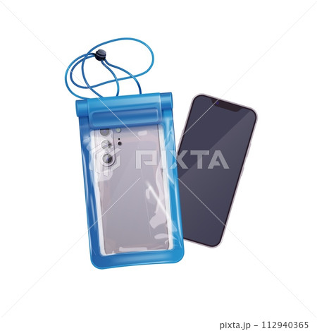 Waterproof phone case. Realistic smartphone waterproofing cover for underwater photo shoot in sea vacations, rugged tough water protection isolated phone case 3d vector illustration Waterproof phone case. Realistic smartphone waterproofing cover for underwater photo shoot in sea vacations, rugged tough water protection isolated phone case 3d vector illustration 112940365