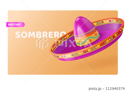 3d sombrero. Realistic mexican festival hat, traditional latin souvenir cinco de mayo day fiesta, mariachi disguise carnival holiday party fun cartoon isolated vector illustration 3d sombrero. Realistic mexican festival hat, traditional latin souvenir cinco de mayo day fiesta, mariachi disguise carnival holiday party fun cartoon isolated vector illustration 112940374