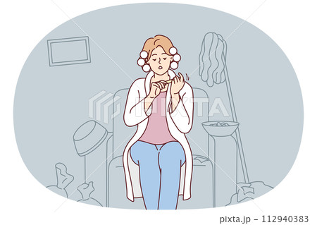 Carefree woman sits on armchair taking care of nails ignoring garbage in apartment. Vector image 112940383