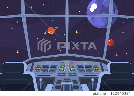Spaceship cockpit. Interstellar spacecraft cabin inside, futuristic rocket shuttle in alien galaxy space mission, cosmos ship jet control panel cartoon interior vector illustration 112940384