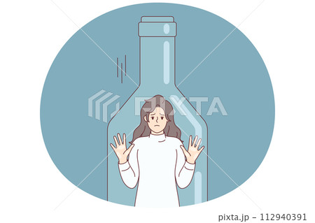 Depressed woman standing inside transparent bottle cant get out due to alcohol abuse. Vector image 112940391