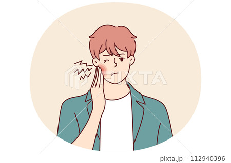 Man has pain in teeth and puts hand on red cheek due to inflammation of nerves in gums. Vector image 112940396