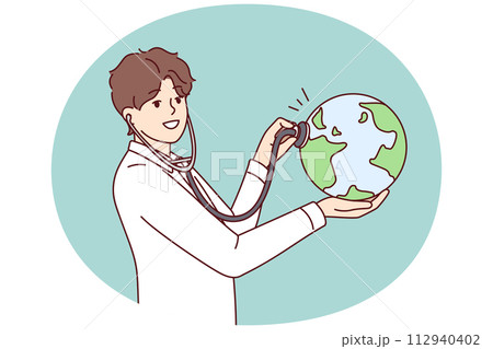 Man doctor applies stethoscope to globe demonstrating care for ecology and nature. Vector image 112940402