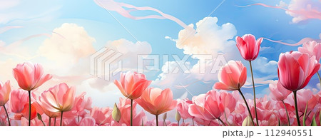 AI-generated content. tulips under blue sky, web banner AI-generated content. tulips under blue sky, web banner 112940551