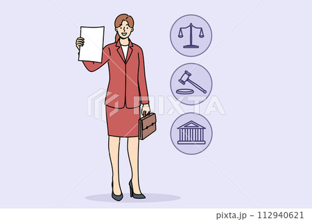 Woman lawyer demonstrates court decision on absence of claims, standing near legal symbols 112940621