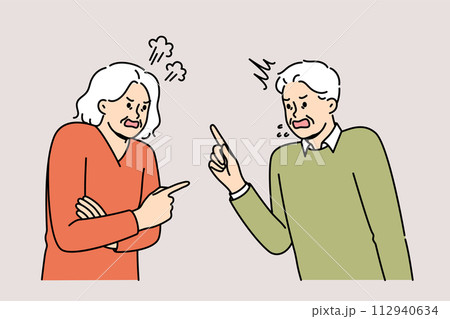 Quarrel elderly man and woman expressing mutual complaints accumulated over years of marriage 112940634