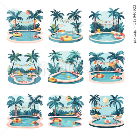 AI-generated content. Pools cartoon vector set. Water tank inflatable swimming circles accessories, lounge balls umbrellas tropical trees vacation compositions, isolated on white background 112940922