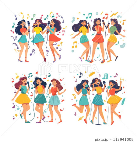 AI-generated content. Karaoke girls cartoon scene vector set. Positive joyful woman singing dressed holding microphones vocals dancing characters, musical notes symbols illustrations isolated on white 112941009