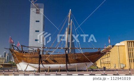 Historic dhow ships timelapse hyperlapse at the Maritime Museum of in Kuwait. Kuwait, Middle East 112941019