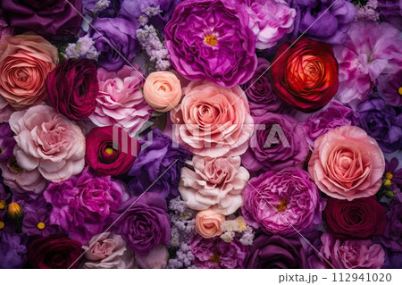 AI-generated content. Colorful flower backdrop with purple and violet roses 112941020