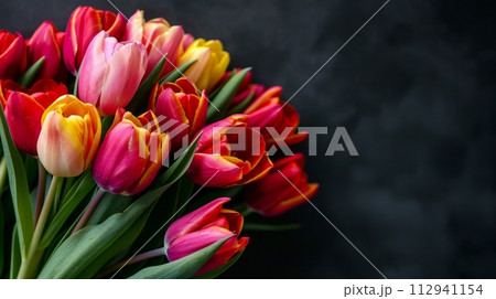 AI-generated content. Fresh tulips flowers over dark background 112941154