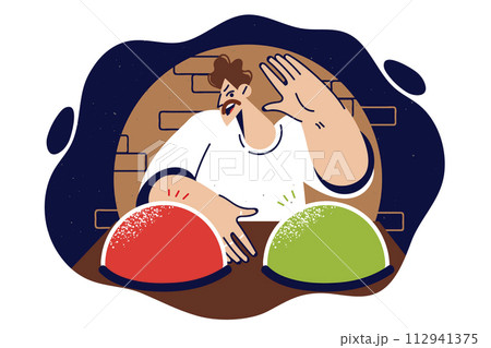 Gambling man presses button, making choice from two options and makes bold decision Gambling man presses button, making choice from two options and makes bold decision 112941375