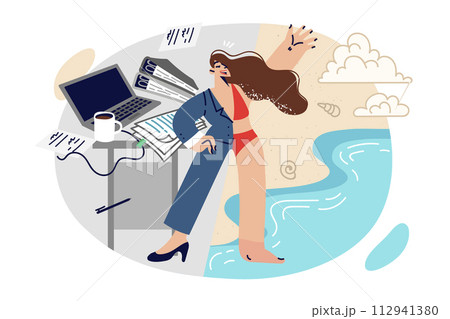 Woman manager dreams of summer trip, dressed in business suit and beach suit at same time 112941380
