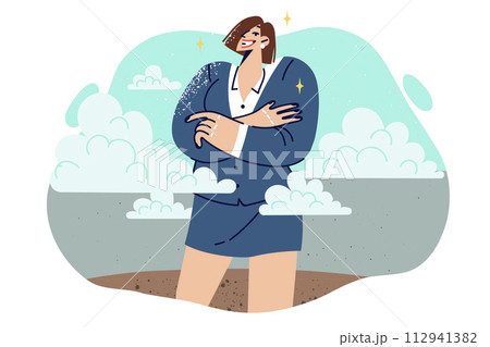 Tall woman leader stands among clouds and confidently crosses arms in front of chest 112941382