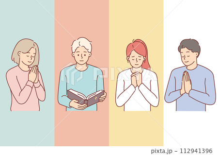 Praying teenagers from sunday christian school make prayer gestures or read bible 112941396