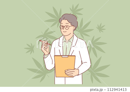 Cannabis legalization examined by man doctor in coat using clipboard for scientific experiments Cannabis legalization examined by man doctor in coat using clipboard for scientific experiments 112941413