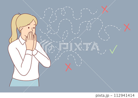 Woman makes difficult choice from several options, trying to make only right decision 112941414