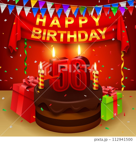 Happy 56th Birthday with chocolate cream cake and triangular flag, Vector Illustration Happy 56th Birthday with chocolate cream cake and triangular flag, Vector Illustration 112941500
