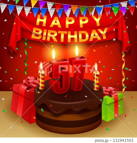 Happy 57th Birthday with chocolate cream cake and triangular flag, Vector Illustration 112941501