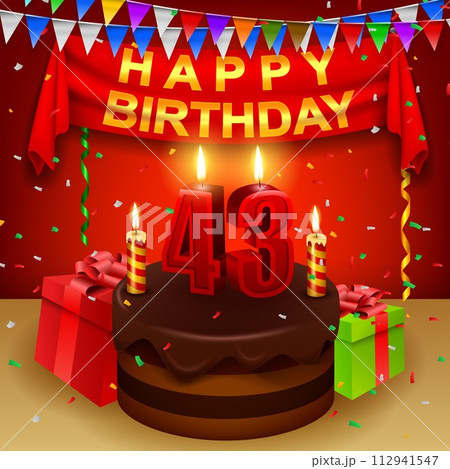 Happy 43th Birthday with Chocolate Cream Cake and Triangular Flag, Vector Illustration Happy 43th Birthday with Chocolate Cream Cake and Triangular Flag, Vector Illustration 112941547
