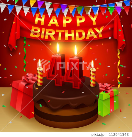 Happy 44th Birthday with chocolate cream cake and triangular flag, Vector Illustration 112941548