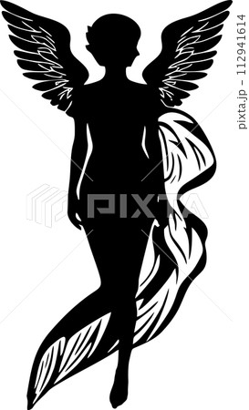 simple black graphic drawing of woman silhouette with wings, logo, tattoo 112941614