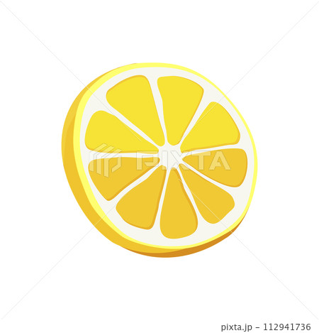 Yellow thin slice of lemon. Isolated vector sliced fruit in flat style. Summer clipart for design Yellow thin slice of lemon. Isolated vector sliced fruit in flat style. Summer clipart for design 112941736