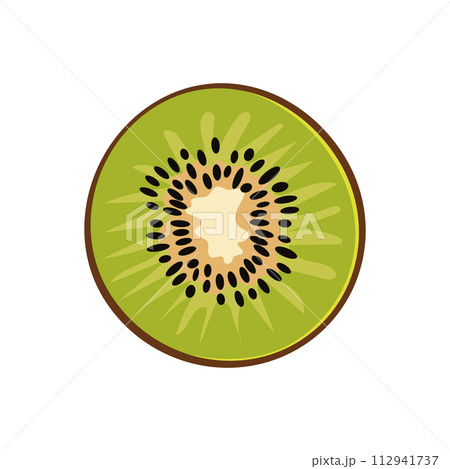 Green thin slice of kiwi. Isolated vector sliced fruit in flat style. Summer clipart for design 112941737