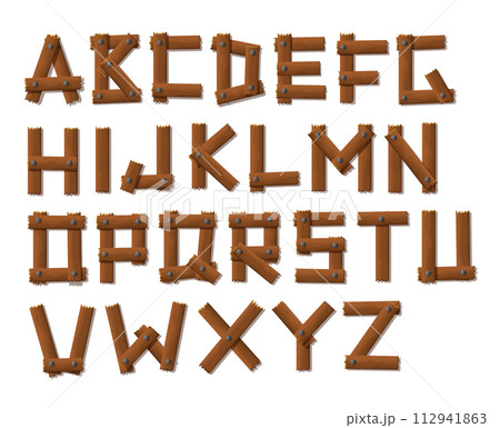 Old Grunge Wooden Alphabet set, Vector Illustration 112941863