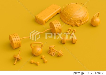 Isometric view of sport equipment like kettlebell, fitness ball and yoga mat 112942817
