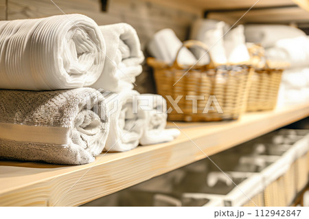 Hotel linen cleaning services and laundry with stack of clean towels and bed sheets 112942847
