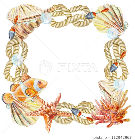 Marine frame, watercolor. Seashells, fish, rope, starfish on white background. Hand drawn illustration for cards, invitations. Day of the Seafarer. Marine frame, watercolor. Seashells, fish, rope, starfish on white background. Hand drawn illustration for cards, invitations. Day of the Seafarer. 112942968