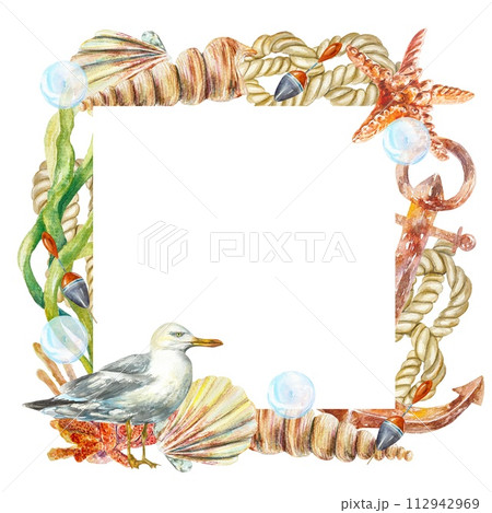 Marine frame, watercolor. Seashells, seagull, algae, starfish, anchor on a white background. Hand drawn illustration for cards, invitations, banners. 112942969