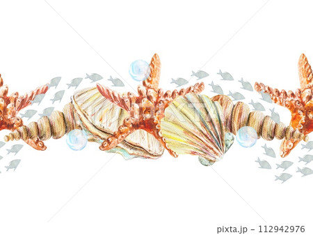 Seashells, starfish, fish, seamless border on white background. Watercolor, hand drawn illustration for cards, ribbons, travel and vacation designs. 112942976